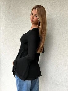 EgrlEra Women's Punk Style Black Mesh Deep V-Neck Riveted Waist Flare Sleeve Ruffle Hem Party Dress, Suitable For Parties And Dates