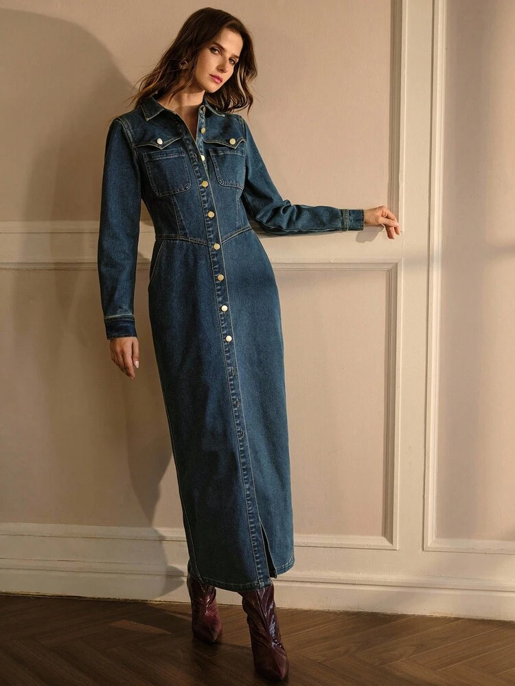 VESTIDO VAQUERO DE MANGA LARGA CON BOTONES FRONTALES PARA MUJER EN OTOÑO