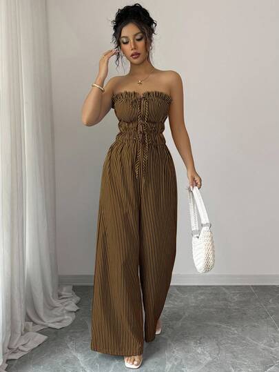 Elenzga Mono de pierna ancha con pliegues, fruncidos y lazo frontal a rayas para mujer