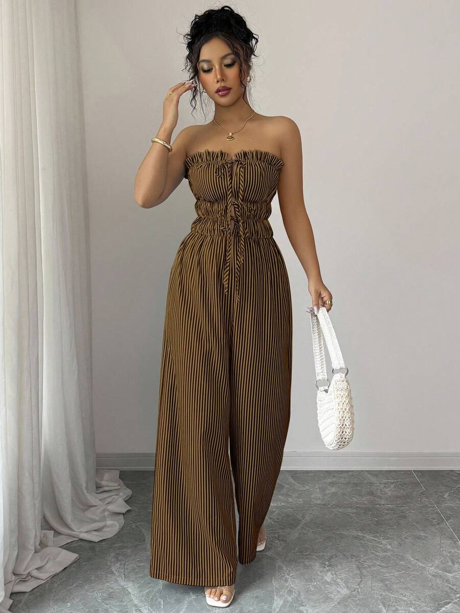 Elenzga 女士荷叶边系带条纹褶皱阔腿连体裤 - 駝色 - 查看 1