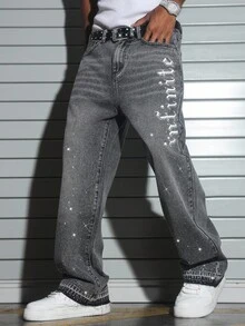 Manfinity EMRG Men's Rhinestone Print Wide Leg Jeans, Perfect Holiday Gift For Boyfriend & Husband - Grey - View 7