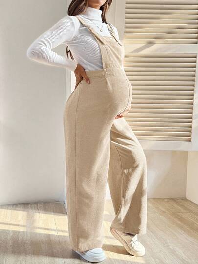 SHEIN Maternity Solid Color Pocket Design Wide Leg Loose Casual Jumpsuit, Autumn Maternity Corduroy Overalls Maternity Jumpsuits For Woman Maternity Overalls Maternity Clothes Pants Pregnancy Pants
