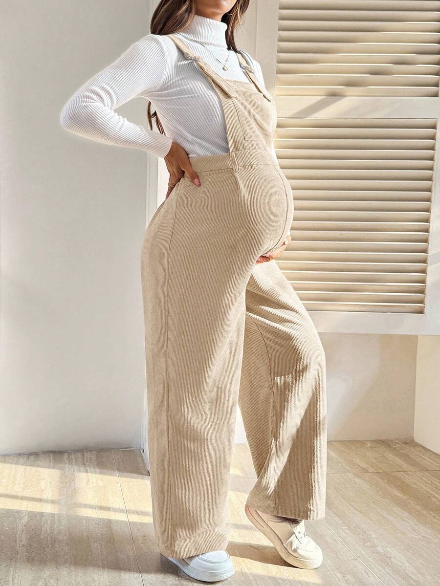 SHEIN Maternity Solid Color Pocket Design Wide Leg Loose Casual Jumpsuit, Autumn Maternity Corduroy Overalls Maternity Jumpsuits For Woman Maternity Overalls Maternity Clothes Pants Pregnancy Pants - Apricot - View 1