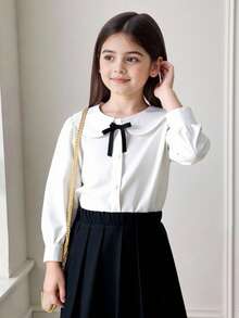 Young Girl's Preppy Style White Cute Long Sleeve Ruffle Collar Blouse And Pleated Skirt Set Fall Winter - Black and White - View 2