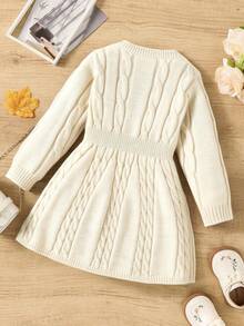 SHEIN Elladie kids 秋冬女童复古粗针织圆领腰部 A 字蝴蝶装饰长袖毛衣裙，适合户外休闲穿着 - 杏色 - 查看 2