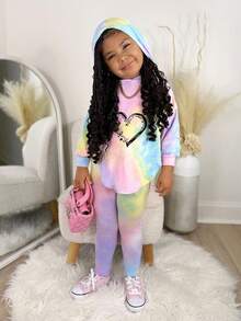 SHEIN Bộ 2 món/Bộ áo hoodie trễ vai phối viền bất đối xứng nhuộm loang màu cho bé gái và quần bó, trang phục thường ngày thoải mái khi đi học và mặc hàng ngày, phù hợp cho mùa thu/đông, phong cách đường phố, Bộ đồ 2 món Y2K cho bé gái Bộ đồ thoải mái cho bé gái Bộ đồ 2 món tay dài cho bé gái Bộ đồ 2 món khi trở lại trường - Nhiều màu - Xem 3