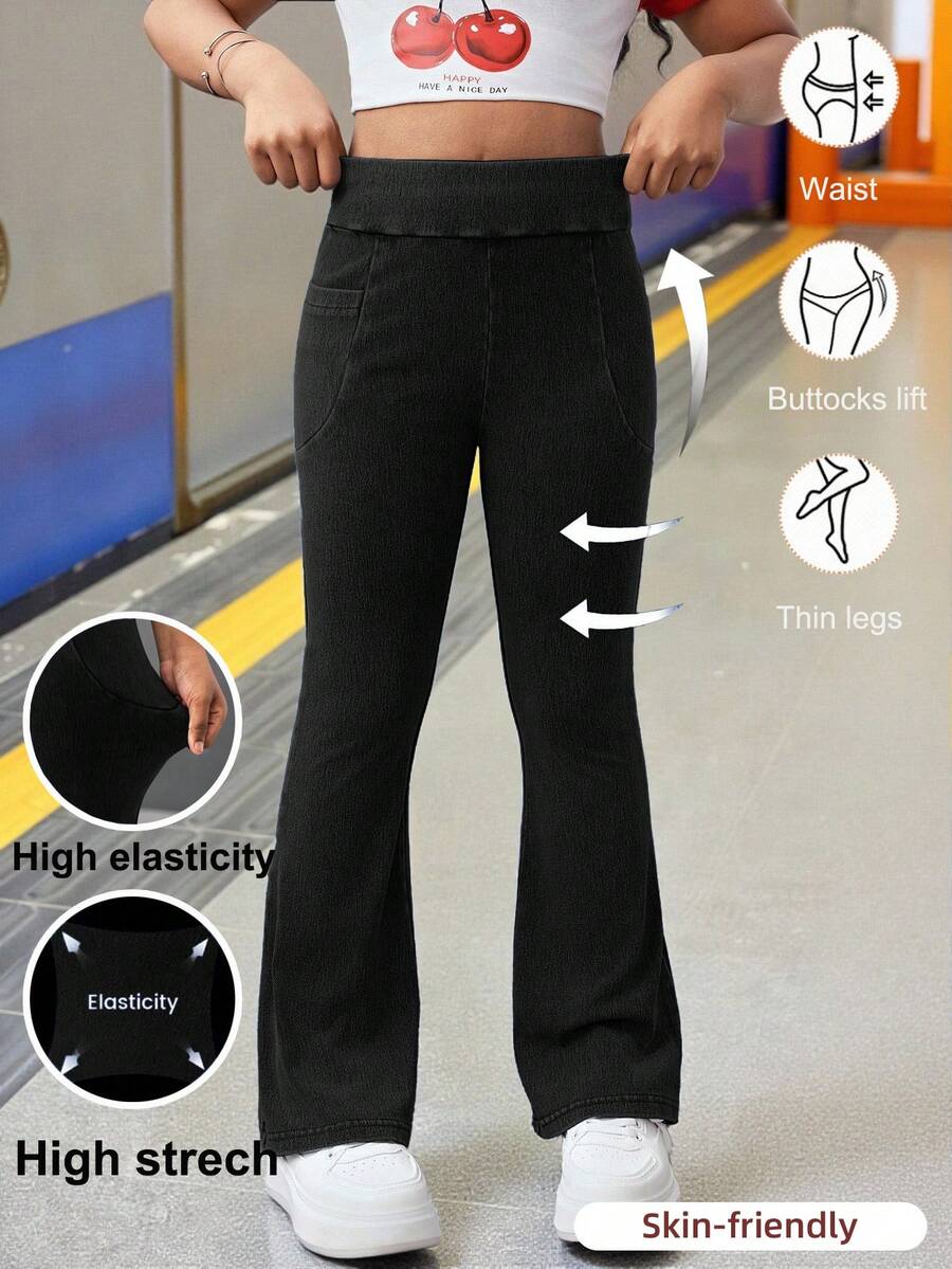 Tween Girl Fashion Casual Basic Comfort Yoga Fitness Blue Knitted Stretch Tight Flared Jeans Soft Dailywear And Summer And Spring Rave Festival And Beach - Black - View 1