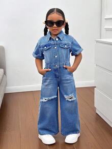 SHEIN 年轻女孩蓝色牛仔破洞衬衫式连体裤，酷炫街头造型 - 中等水洗藍 - 查看 5