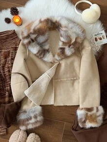 Comfortcana Women's Autumn/Winter Retro Lamb Fleece Warm Fake Fur Splicing Coat