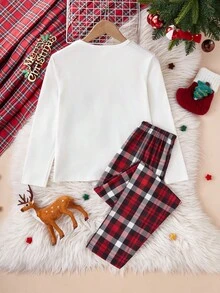 SHEIN 2件套圣诞驯鹿印花格子睡衣套装，适合大女孩 - 彩色 - 查看 2