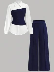 Girlism Tween Girls Casual Colorblock Patchwork Shirt & Wide Leg Pants 2 Pieces Set,Elegant,Contrast Color Stitching - Blue and White - View 3