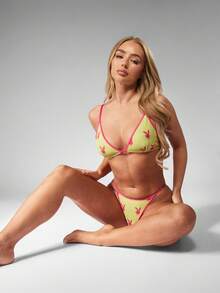 Missguided x Playboy Hasen-Muster Mesh Dreieck-BH Lingerie Set mit kontrastierendem rosa Saum, Sommer Strandmode, passendes Unterwäsche-Set