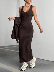 Flirla 女式纯色连帽长袖罗纹上衣和无袖连衣裙休闲套装，秋季 - 棕色 - 查看 3