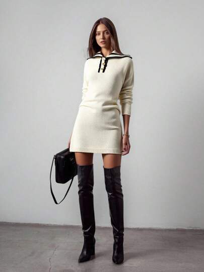 EURMUSE Women's Nautical-Inspired Knitted Pullover – Sailor Collar Design With Contrast Trim, Button-Front Detail, Long Sleeves, And Soft Knit Fabric For A Casual-Chic Look,Jumper Dress,Jumper Dress Woman,White Dress,Winter Dress,Dress,Winter Dresses