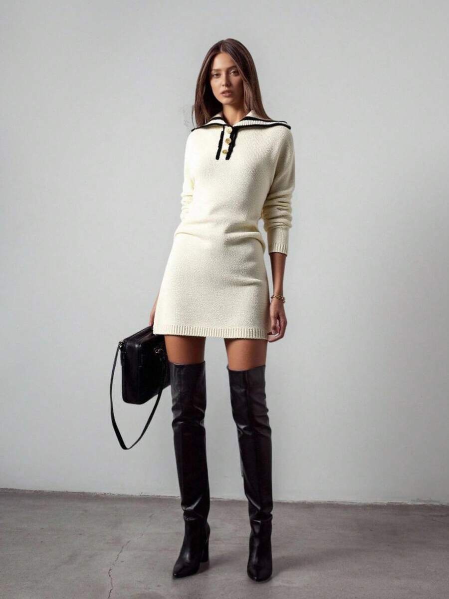 EURMUSE 女式航海风格针织套头衫 - 水手领设计，撞色饰边，正面纽扣细节，长袖，柔软针织面料，打造休闲时尚外观 - 白色 - 查看 1