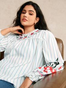EMERY ROSE Plus Size Women Floral Patchwork Round Neck Striped Print Decor Casual Loose Long Sleeve Shirt, Autumn - Blue and White - View 7