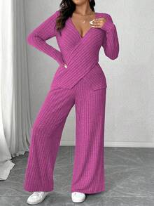Calvaya Plus Size Soft Knit Ribbed Fabric Criss-Cross Long Sleeve T-Shirt + Soft Ribbed Wide Leg Pants Casual Homewear 2 Pieces Set - Hot Pink - View 7