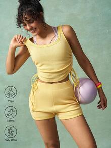 VARSIVA Workout Women Sets Women's Solid Color Side Drawstring Tank Top And Shorts Sports Suit - Yellow - View 11