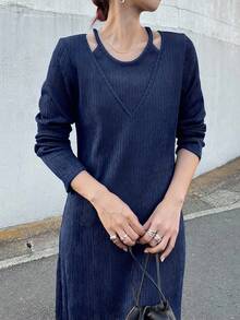FRIFUL 女士休闲纯色镂空肩连衣裙，春秋 - 藏蓝色 - 查看 5