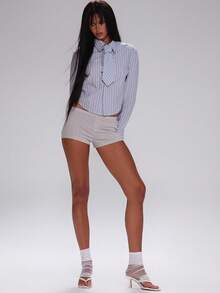 MUSERA Áo sơ mi tay dài dáng ngắn kẻ sọc, chi tiết cà vạt, dễ thương, thích hợp cho mùa thu, đi làm, phong cách thường ngày, đường phố, thể thao, công sở, dự tiệc, thanh lịch, kỳ nghỉ, xuân hè. - Màu xanh lam - Xem 5