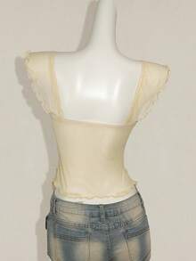 SHEIN ICON 女式褶饰前开襟性感网眼拼接盖袖露背休闲度假短款背心 - 米色 - 查看 2