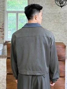 SWAVVY 男士时尚刺绣长袖纽扣衬衫，秋季 - 灰色 - 查看 3