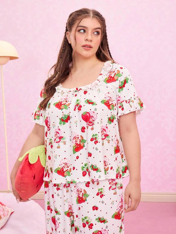 Strawberry Shortcake X SHEIN Conjunto de pijama de top y pantalones con estampado de fresas talla grande para verano