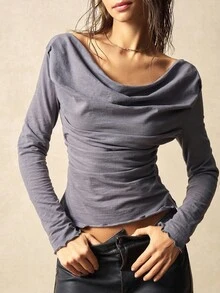 SHEIN BohoFeels Áo thun boho cổ thuyền tay dài màu trơn đơn giản dành cho nữ - Xám - Xem 2