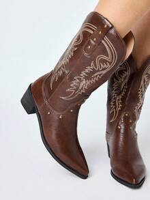 ROMWE Fairycore 棕色尖头刺绣西部牛仔靴，包头，粗跟，铆钉摩托车靴，女士及膝皮革马靴 - 棕色 - 查看 3