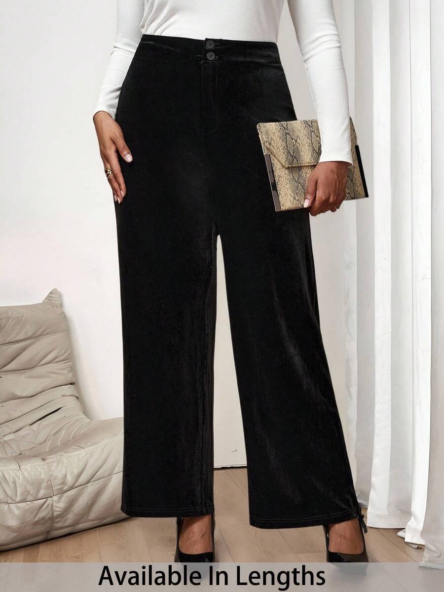 SHEIN Tall CURVE 加大码裤子 优雅天鹅绒裤 黑色天鹅绒裤 天鹅绒裤 女式阔腿裤 - 黑色 - 查看 1