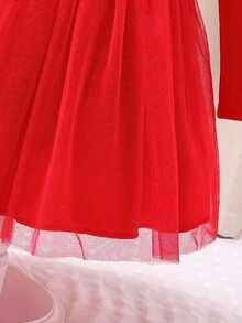 Glamorique Kids 女童优雅高端长袖连衣裙，羊腿袖设计搭配珍珠装饰，适合日常穿着、派对、圣诞节，展现优雅高贵的气质 - 紅色 - 查看 6