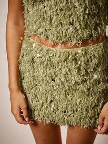 COSMINA 2 peças de roupa de festa feminina elegante com lantejoulas peludas, adequada para o início do outono - Verde - Ver 6