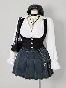 Sunspun Denim Rock in Große Größen für den Sommer mit Vintage Waschung und ausgefranstem Saum - Dunkle Waschung - Übersicht 1