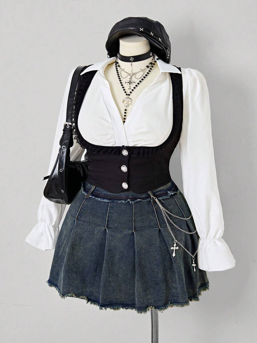 Sunspun Denim Rock in Große Größen für den Sommer mit Vintage Waschung und ausgefranstem Saum - Dunkle Waschung - Übersicht 1