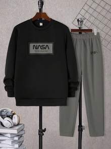 SHEIN 2 件青少年男孩休闲日常百搭舒适字母印花图案圆领宽松套头衫和宽松慢跑裤套装 - 淺灰色 - 查看 2