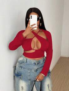 Maweii Sexy Damen Oversize T-Shirt mit asymmetrischem Kreuzausschnitt und Langarm - Bordeaux - Übersicht 1