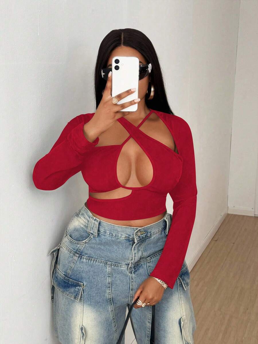 Maweii Sexy Damen Oversize T-Shirt mit asymmetrischem Kreuzausschnitt und Langarm - Bordeaux - Übersicht 1