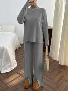 SHEIN Cottnline Rib Pattern Pocket Pullover Pant Knit Set Stay At Home Dark Grey Autumn Casual Everyday - Grey - View 8