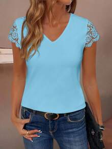 EMERY ROSE Women's Solid Color V-Neck Short Sleeve T-Shirt, Simple And Fashionable Suitable For Summer - Blue - View 5