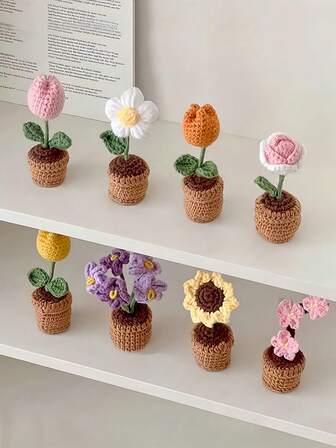 Handmade Knitted Tulip Potted Plant, Crochet Sunflower Potted Plant, Heart-Shaped Flower Desktop Decor, Knitted Rose Flower Finished Product, Forget-Me-Not Potted Plant, Artificial Flower Desktop Decor, Party Small Gift