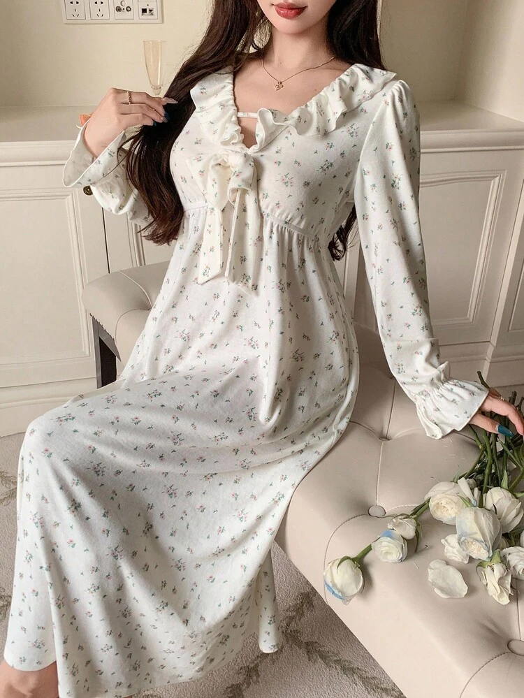 Women's Sweet Ditsy Floral 3D Bow Ruffle Collar Nightgown, Fall Pajama, Winter