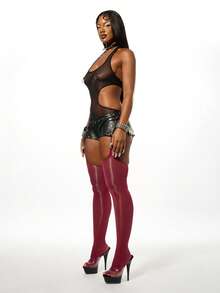 SUMWON WOMEN Halloween-body med nätpanel och utskuren design, metallringar, festival, klubb, goth, alternativ, punk, utekväll, fest, rave-body - Svart - Visa 7