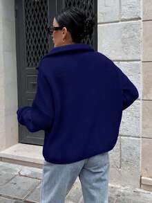 EURMUSE 女士拉链领宽松舒适保暖毛衣 - 藏蓝色 - 查看 2