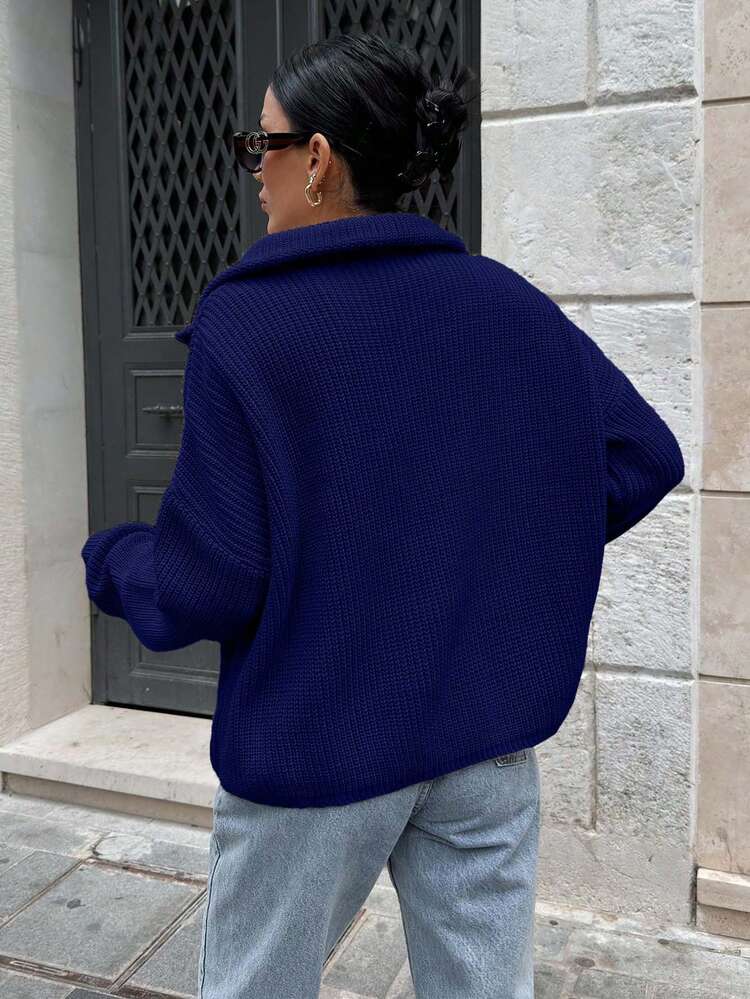 EURMUSE Suéter cómodo y cálido de ajuste holgado con cuello con cremallera para mujer - Azul Marino - Añade 2