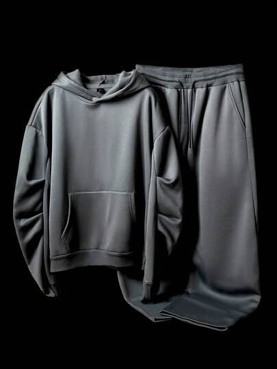 Manfinity EMRG 男士纯色长袖口袋休闲连帽衫和裤子套装，秋季