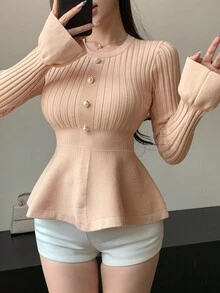 DAZY Women's Casual Ruffle Hem Splice Fitted Pullover Sweater, Solid Color Metal Button Decor, Suitable For Wedding, Party, Autumn/Winter