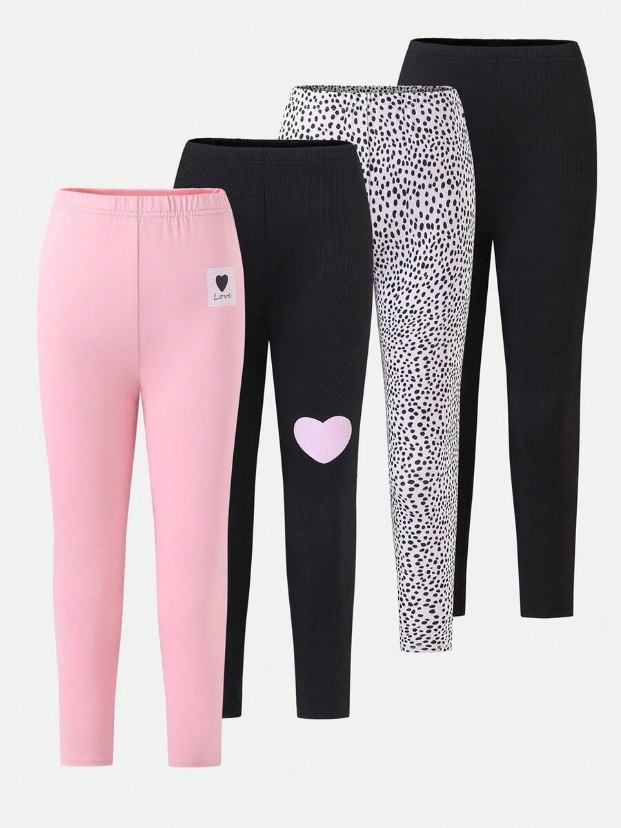 Sparklyn 4pcs/Set Girls' Minimalist Floral Print Long Leggings Fall Winter Girls Leggings Pack Girl Leggings - Multicolor - View 1