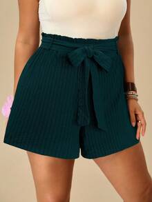 SHEIN VCAY Pantalones cortos casuales sueltos de mujer de talla grande con lazo en la cintura, bucle y costillas de unicolor - Agua verde azul - Ver 1