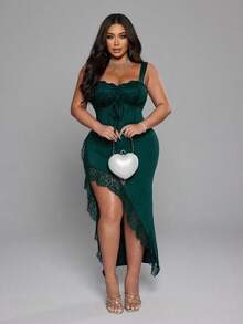 NU&NOW Christmas Plus Size Women Solid Color Lace Patchwork Sexy Elegant Slit Fitted Slip Dress