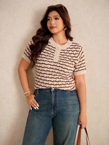 Elaquor Plus Size Elegant French Casual Shell Texture Hollow Out Breathable Summer Knit Hollow Short Sleeve Top For Women Earthy Tops Coffee Brown Top Knitted Top Spring - Coffee Brown - View 7